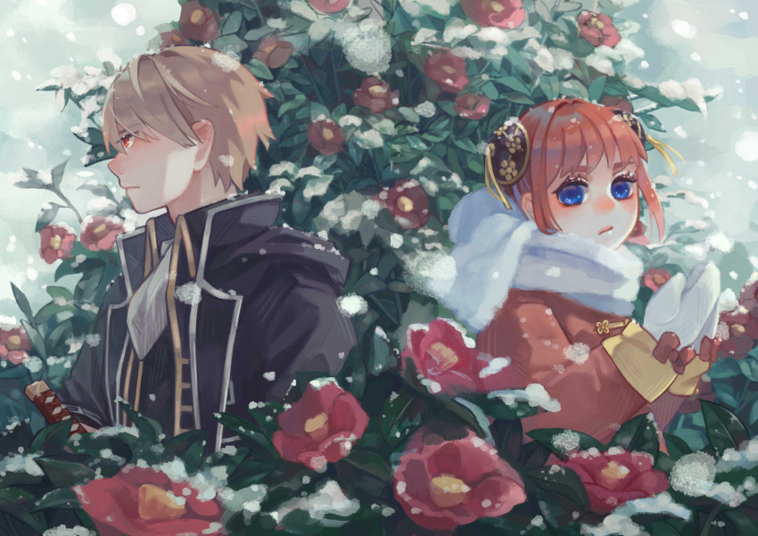 1boy 1girl bangs black_jacket blue_eyes brown_hair bun_cover camellia coat commentary_request double_bun flower gintama highres jacket kagura_(gintama) looking_to_the_side mittens okita_sougo red_coat red_eyes red_flower scarf short_hair snowing sophie_usui white_mittens white_scarf winter_clothes