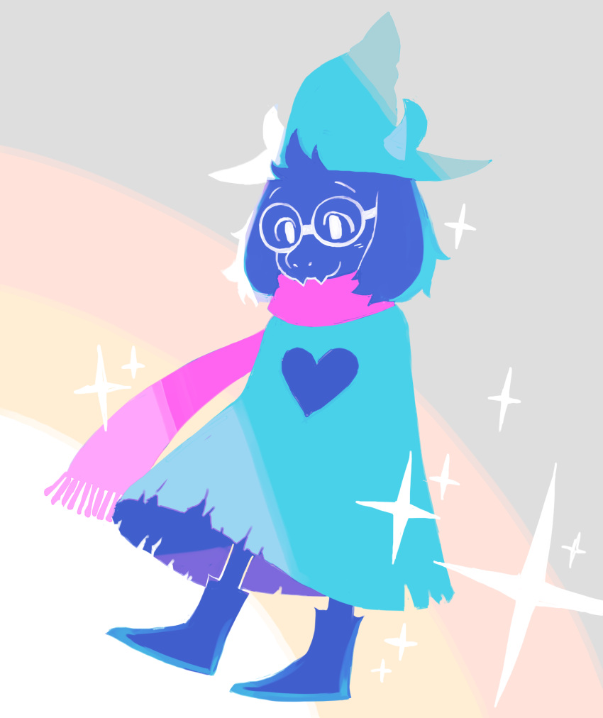 1boy black_skin cloak deltarune fangs full_body glasses green_hat hat heart highres lavender_background looking_down male_focus monster_boy ouse_(otussger) pink_scarf purple_background ralsei scarf shoes simple_background smile solo sparkle