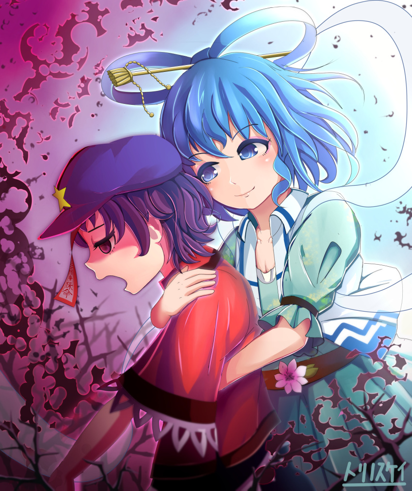 2girls artist_name behind_another belt blood blood_splatter blue_dress blue_eyes blue_hair blue_hat commentary_request dress empty_eyes facing_to_the_side flat_cap gradient gradient_background hair_ornament hair_rings hair_stick hat head_tilt highres hug hug_from_behind kaku_seiga looking_at_another miyako_yoshika multiple_girls ofuda open_mouth outstretched_arms profile puffy_short_sleeves puffy_sleeves purple_hair red_shirt shirt short_hair short_sleeves smile star thorns torinosuke touhou two-tone_background upper_body vest violet_eyes zombie_pose