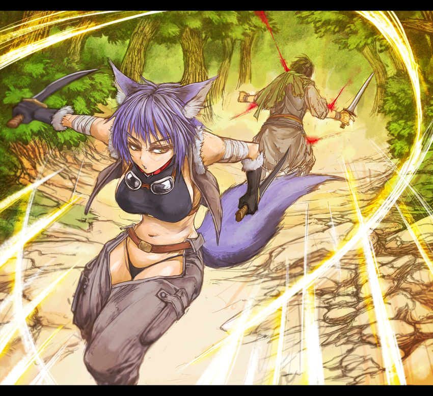 1boy 1girl animal_ears bandage bandaged_arm bandages blood blood_spray breasts cervus collar commentary_request dagger dual_wielding fantasy forest fur_trim gloves goggles goggles_around_neck holding large_breasts letterboxed nature navel original outdoors pixiv_fantasia_last_saga purple_hair tail thong vest weapon yellow_eyes