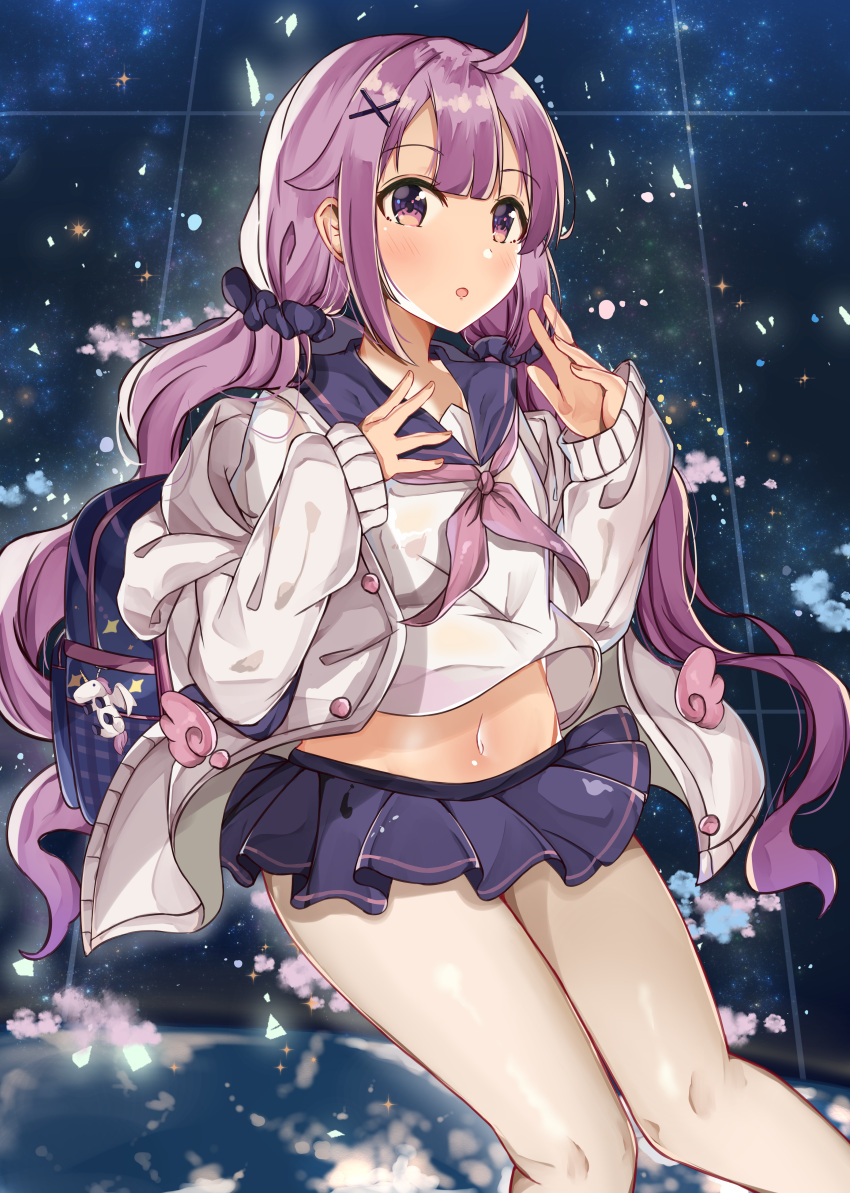 1girl absurdres ahoge azur_lane blue_sailor_collar blue_skirt blush cardigan eyebrows_visible_through_hair hair_ornament hair_scrunchie highres huge_filesize long_hair long_sleeves looking_at_viewer low_twintails miniskirt navel neckerchief norazura open_cardigan open_clothes open_mouth pantyhose pink_neckwear pleated_skirt purple_hair sailor_collar school_uniform scrunchie serafuku skirt solo twintails unicorn_(amusement_park_date)_(azur_lane) unicorn_(azur_lane) very_long_hair violet_eyes white_legwear x_hair_ornament