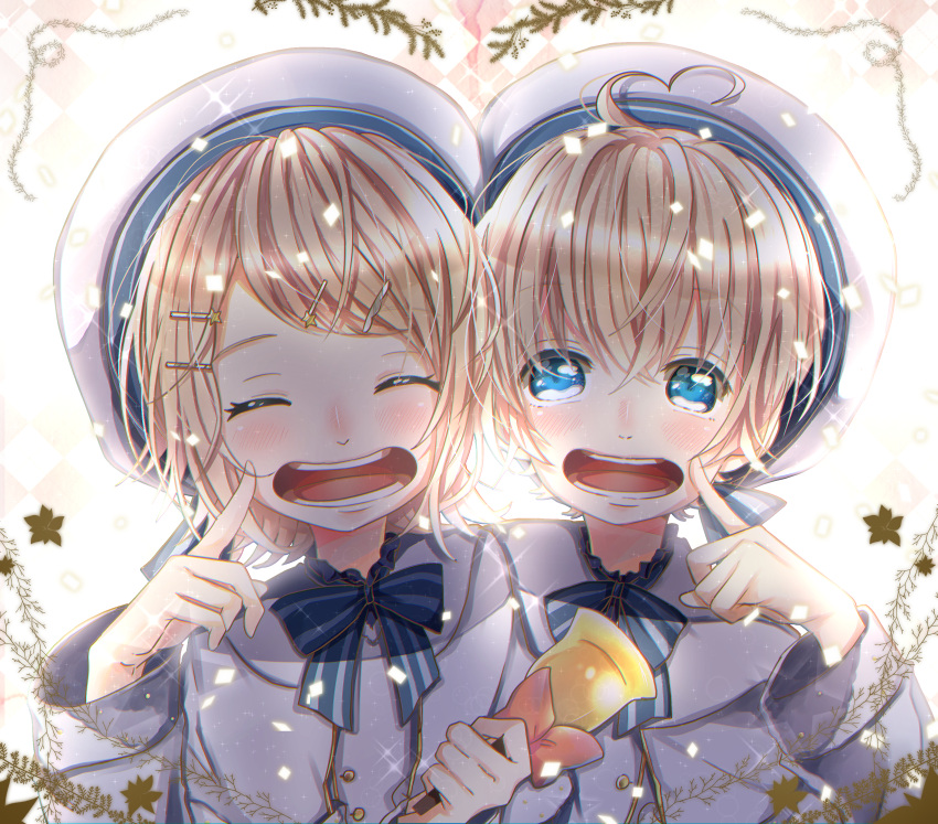 1boy 1girl absurdres anniversary argyle argyle_background bell blonde_hair blue_eyes blush bow child closed_eyes commentary finger_to_cheek floral_print hat head_to_head highres holding_bell kagamine_len kagamine_rin leaf looking_at_viewer namikaze_bon sailor sailor_hat shirt short_hair smile striped striped_bow upper_body vocaloid white_shirt
