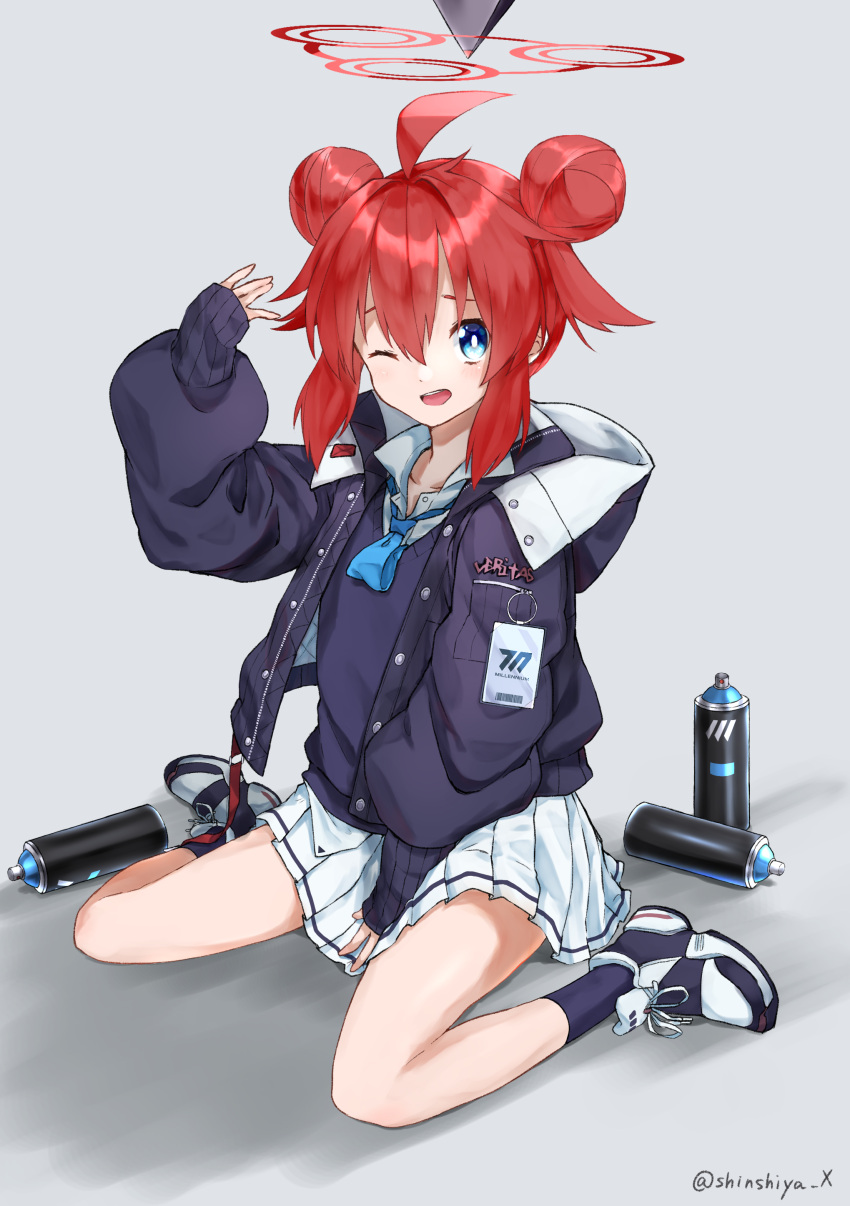 1girl absurdres ahoge arm_up black_legwear blue_archive blue_eyes blue_necktie blue_sweater_vest collared_shirt double_bun full_body halo highres hood hood_down hooded_jacket jacket looking_at_viewer maki_(blue_archive) necktie on_floor one_eye_closed open_clothes open_jacket open_mouth pleated_skirt puffy_sleeves redhead shinshiyasan_x shirt shoes sidelocks simple_background skirt sleeves_past_wrists smile sneakers solo spray_can sweater_vest white_footwear white_shirt white_skirt