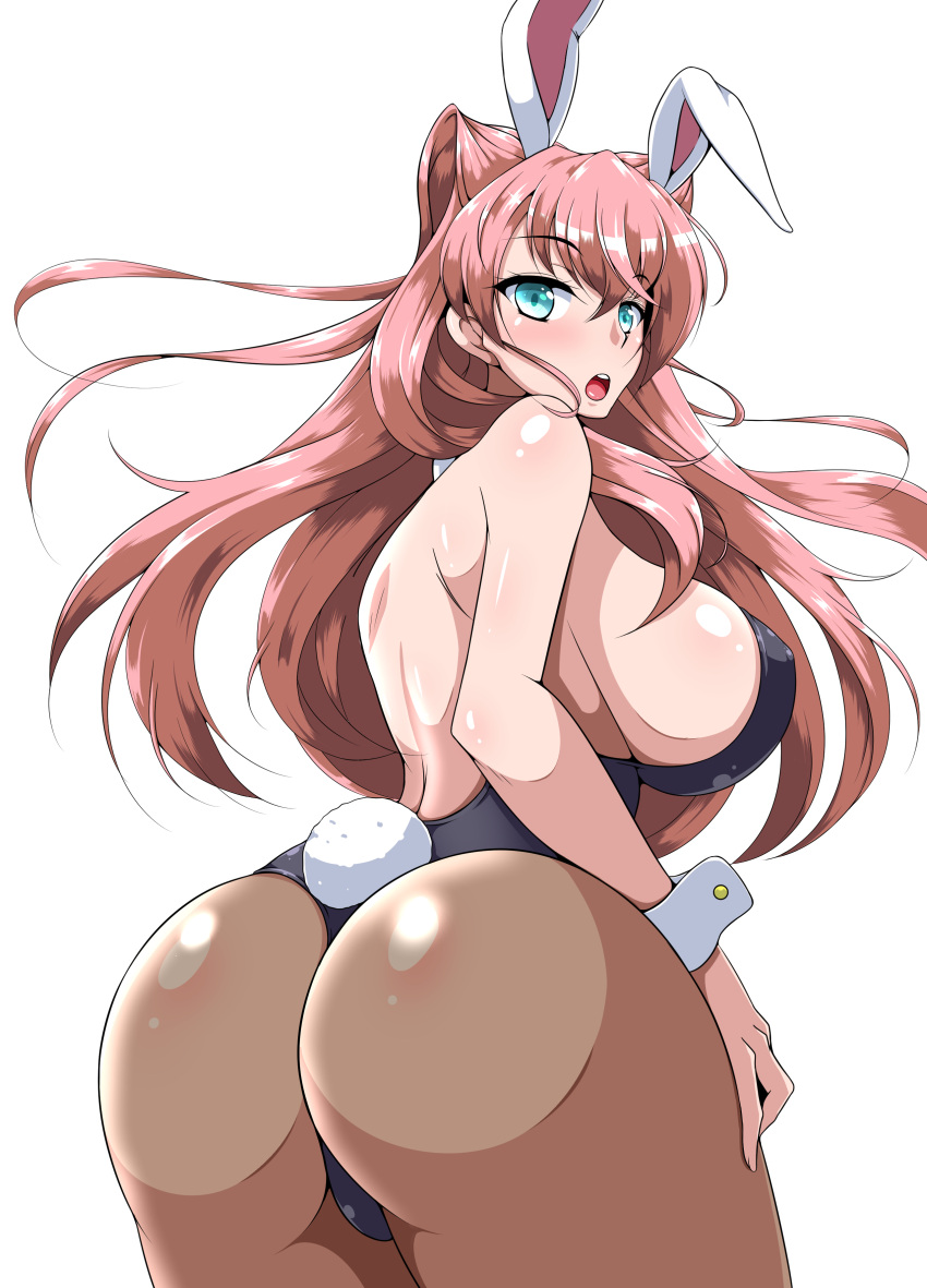 1girl absurdres aimo_(aimo1214) animal_ears ass bare_shoulders black_leotard blue_eyes breasts brown_legwear bunny_girl bunny_tail bunnysuit detached_collar eyebrows_visible_through_hair fake_animal_ears from_behind hair_ornament highres large_breasts leotard long_hair looking_at_viewer looking_back maria_cadenzavna_eve open_mouth pantyhose pink_hair rabbit_ears senki_zesshou_symphogear shiny shiny_clothes shiny_hair shiny_skin simple_background solo standing strapless strapless_leotard tail very_long_hair white_background wrist_cuffs