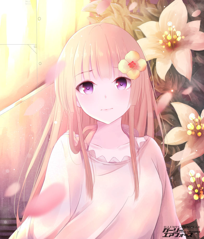 1girl artist_name bangs blurry blurry_foreground blush character_request closed_mouth collarbone commentary_request copyright_name depth_of_field dress eyebrows_visible_through_hair flower girly_air_force hair_flower hair_ornament highres lawnielle light_brown_hair long_hair looking_at_viewer petals pink_dress solo upper_body very_long_hair violet_eyes white_flower yellow_flower