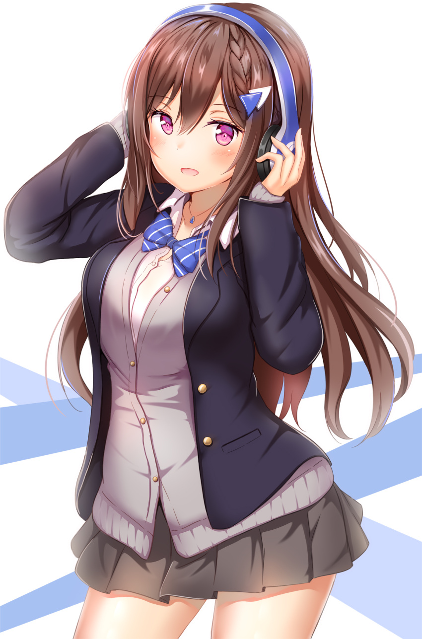 1girl :d black_jacket blazer blue_neckwear blush bow bowtie braid breasts brown_hair buttons cardigan cocoa_music collared_shirt cowboy_shot doumyouji_cocoa game_club_project grey_cardigan grey_skirt hair_between_eyes hair_ornament hands_on_headphones hands_up headphones highres jacket jewelry large_breasts legs_apart long_hair long_sleeves looking_at_viewer miniskirt necklace open_clothes open_jacket open_mouth pink_eyes pleated_skirt school_uniform shirt sidelocks skirt smile solo standing striped striped_neckwear undershirt virtual_youtuber white_shirt wing_collar yuano