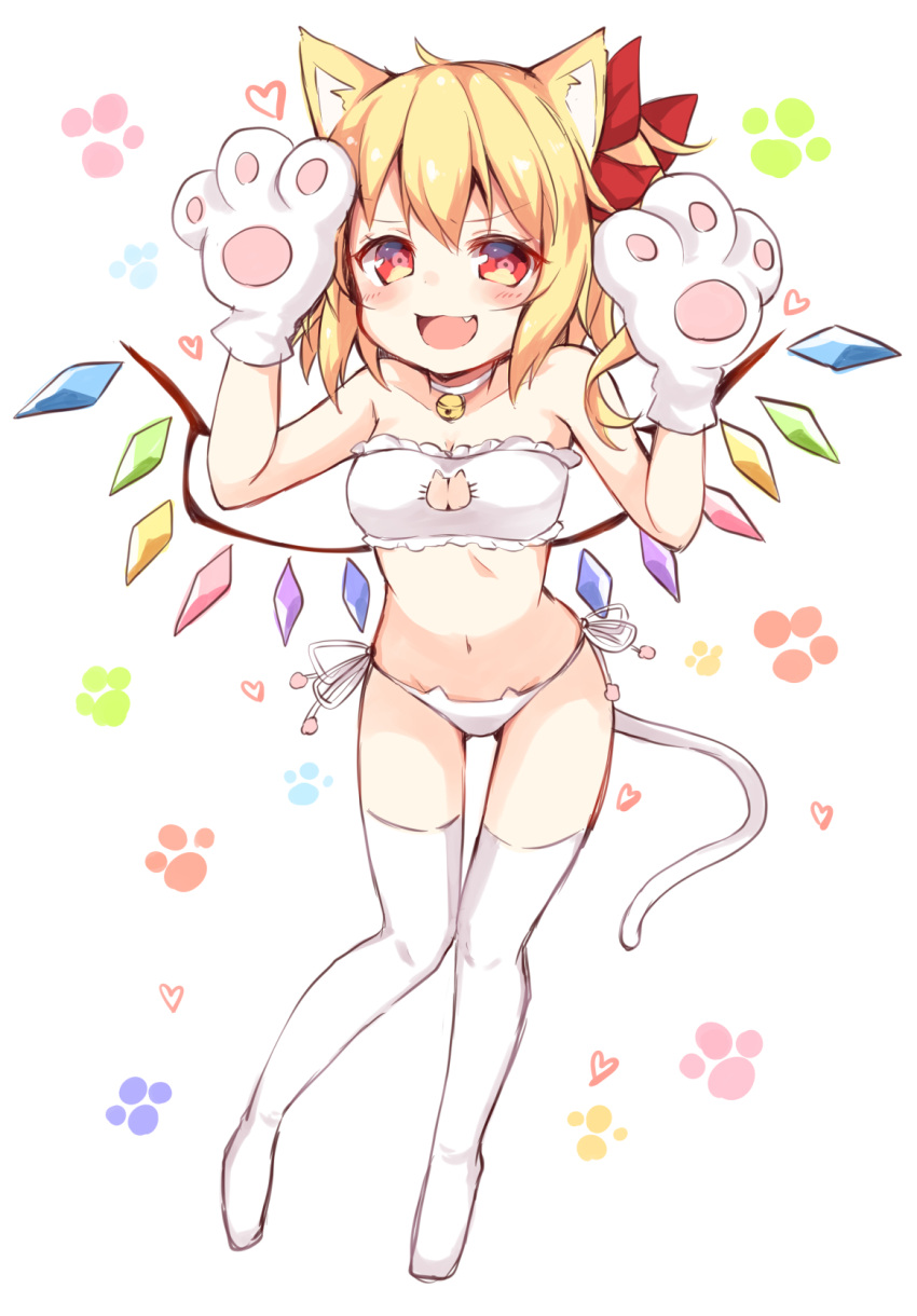 1girl :d animal_ears bandeau bangs bare_arms bare_shoulders bell bell_choker blonde_hair blush breasts cat_cutout cat_day cat_ears cat_lingerie cat_tail choker cleavage collarbone commentary_request crystal eyebrows_visible_through_hair fang flandre_scarlet full_body gloves groin hair_between_eyes hair_ribbon hands_up heart highres jingle_bell kemonomimi_mode looking_at_viewer medium_breasts meme_attire miy@ navel no_hat no_headwear no_shoes one_side_up open_mouth panties paw_background paw_gloves paw_print paws red_eyes red_ribbon ribbon short_hair side-tie_panties smile solo stomach tail thigh-highs thighs touhou underwear underwear_only white_background white_choker white_legwear white_panties wings