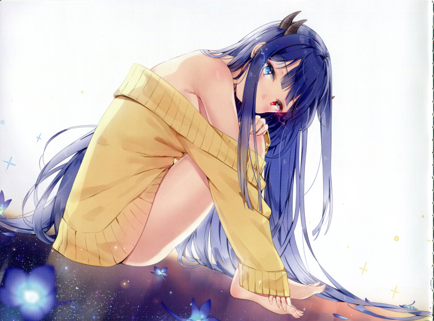 1girl absurdres azur_lane bangs bare_shoulders barefoot blue_eyes blue_hair blush bug butterfly dress eyebrows_visible_through_hair fingernails flower full_body gradient gradient_background heterochromia highres horns ibuki_(azur_lane) insect leaf long_hair long_sleeves looking_at_viewer maya_g petals red_eyes scan shiny shiny_hair shiny_skin sitting sleeves_past_wrists solo sparkle sweater sweater_dress toes