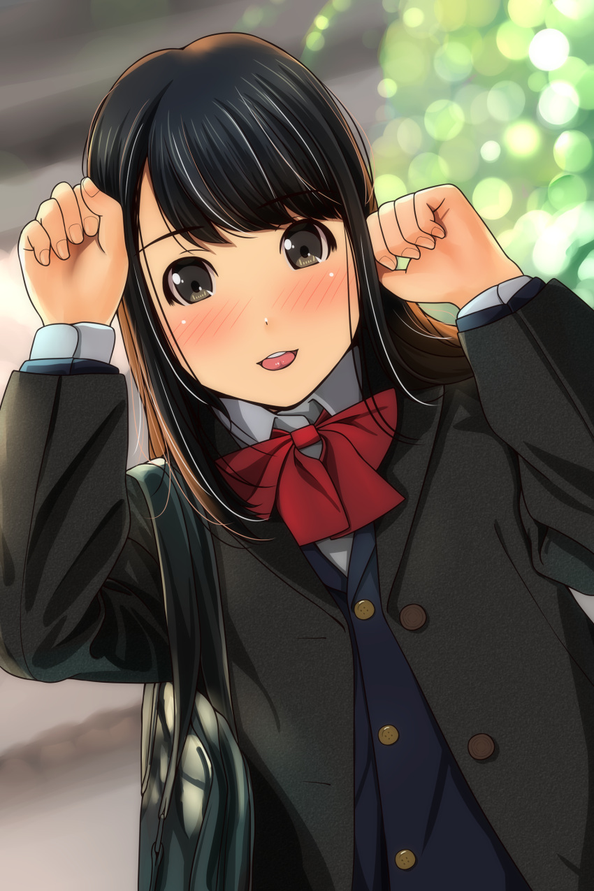 1girl absurdres arm_up bag bangs black_hair black_jacket blazer blue_jacket blurry blurry_background blush bow brown_eyes collared_shirt depth_of_field dutch_angle eyebrows_visible_through_hair fingernails hand_up highres jacket long_hair looking_at_viewer matsunaga_kouyou nose_blush open_clothes open_jacket original parted_lips paw_pose red_bow school_bag school_uniform shirt solo tongue very_long_hair white_shirt