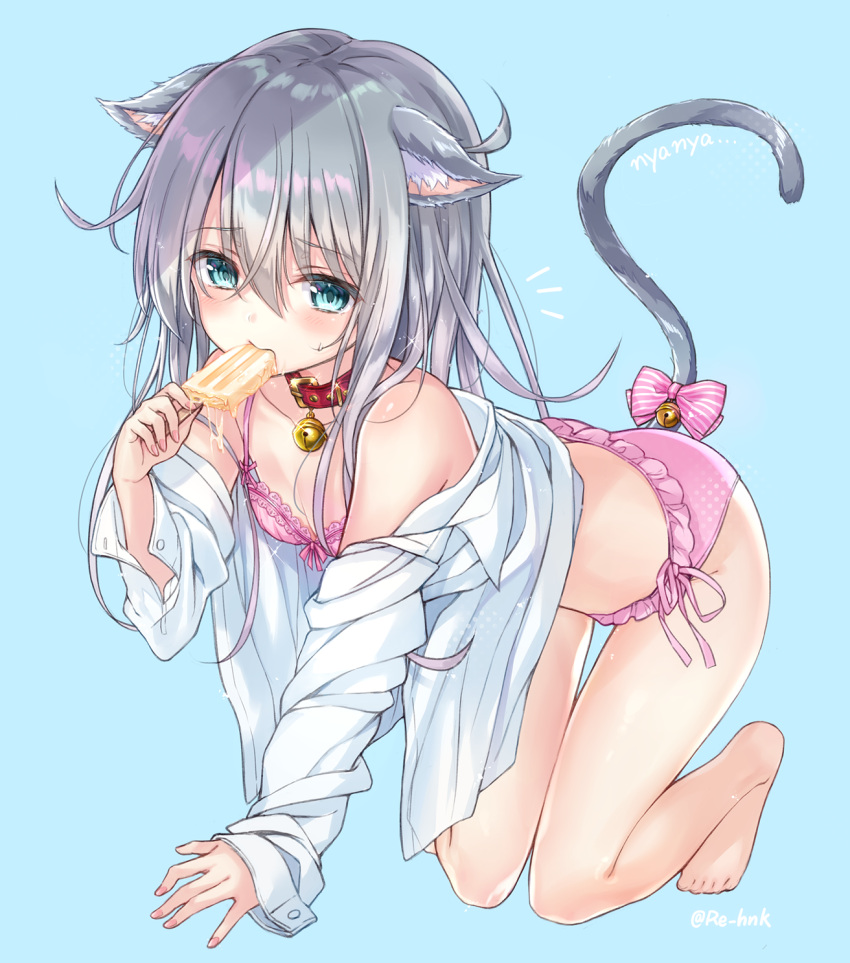 1girl all_fours animal_ears bare_legs bare_shoulders barefoot bell belt_collar blue_background blue_eyes blush bra breasts cat_day cat_ears cat_tail collar collarbone commentary_request dripping eating food frilled_panties frills full_body grey_hair hair_between_eyes hand_up hibiki_(kantai_collection) highres holding jingle_bell kantai_collection kemonomimi_mode lace lace-trimmed_bra lingerie long_sleeves notice_lines off_shoulder open_clothes open_shirt panties pink_bra pink_panties pink_ribbon popsicle ribbon sakura_honoka_(srhk0623) shirt side-tie_panties sidelocks simple_background small_breasts solo striped striped_ribbon tail tail_ribbon thighs twitter_username underwear white_shirt