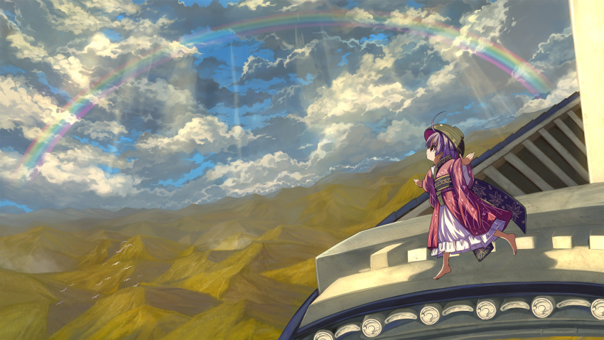 1girl ahoge barefoot bird black_hat black_sash blue_sky bowl bowl_hat clouds cloudy_sky commentary_request day flock from_side full_body hat highres japanese_clothes kimono light_rays long_sleeves looking_up mountain obi outdoors outstretched_arms petticoat profile purple_hair rainbow red_eyes red_kimono sash shadow shining_needle_castle shope short_hair sky solo standing standing_on_one_leg sukuna_shinmyoumaru touhou wide_sleeves