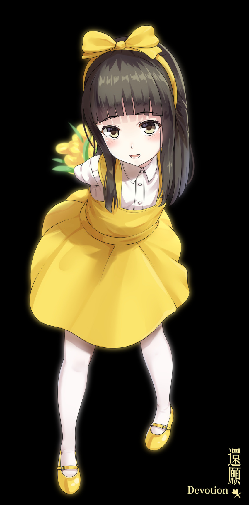 1girl :d absurdres bangs black_background blunt_bangs blush bouquet bow brown_eyes brown_hair collared_shirt commentary copyright_name devotion dress dress_shirt du_meishin eyebrows_visible_through_hair flower full_body hair_bow hairband head_tilt highres long_hair looking_at_viewer mary_janes open_mouth pantyhose shirt shoes simple_background sleeveless sleeveless_dress smile solo standing too-ye translation_request tulip white_legwear white_shirt yellow_bow yellow_dress yellow_flower yellow_footwear yellow_hairband yellow_tulip