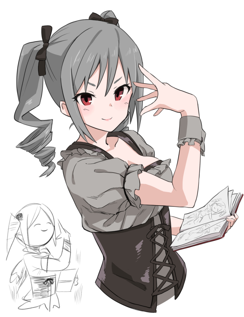 1girl black_bow blush book bow breasts closed_mouth dress drill_hair grey_dress grey_hair hair_bow hand_up highres holding holding_book idolmaster idolmaster_cinderella_girls kanzaki_ranko large_breasts muchi_maro open_book puffy_short_sleeves puffy_sleeves red_eyes short_sleeves simple_background smile solo twin_drills underbust white_background