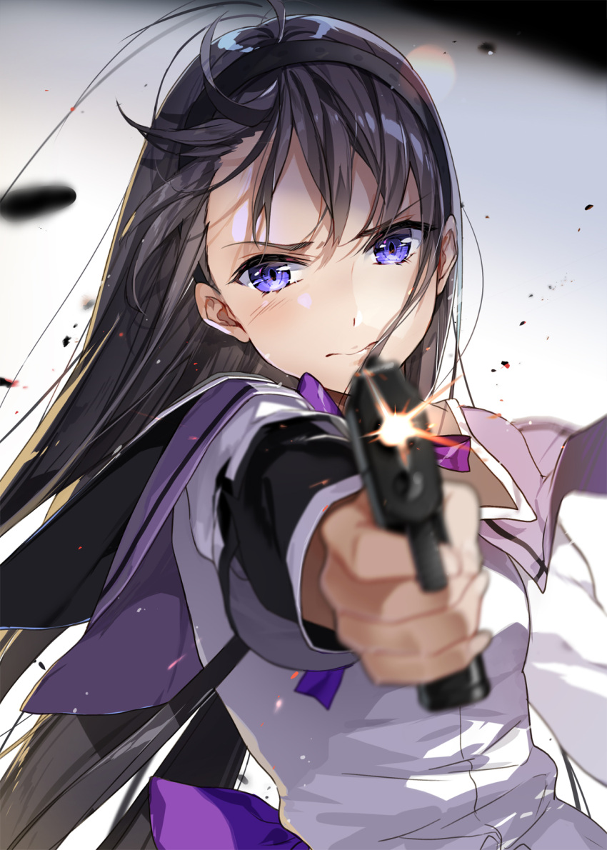 1girl aiming_at_viewer akemi_homura bangs black_hair blurry blurry_background blurry_foreground bow closed_mouth commentary_request depth_of_field eyebrows_visible_through_hair firing firing_at_viewer gun handgun highres holding holding_gun holding_weapon hoshii_hisa jacket long_hair long_sleeves mahou_shoujo_madoka_magica muzzle_flash outstretched_arm pistol purple_bow purple_sailor_collar sailor_collar simple_background solo upper_body v-shaped_eyebrows very_long_hair violet_eyes weapon white_background white_jacket