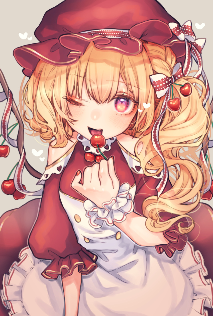 1girl ;d alternate_costume apron bangs bare_shoulders blonde_hair bow cherry cherry_hair_ornament commentary_request cowboy_shot crystal dress eyebrows_visible_through_hair flandre_scarlet food food_themed_hair_ornament frilled_apron frills fruit grey_background hair_between_eyes hair_bow hair_ornament hand_up hat hat_bow head_tilt heart highres holding holding_food holding_fruit long_hair looking_at_viewer mob_cap mokokiyo_(asaddr) nail_polish one_eye_closed one_side_up open_mouth puffy_short_sleeves puffy_sleeves red_dress red_eyes red_hat red_nails ribbon short_sleeves shoulder_cutout simple_background smile solo tongue tongue_out touhou white_apron white_bow white_ribbon wings wrist_cuffs