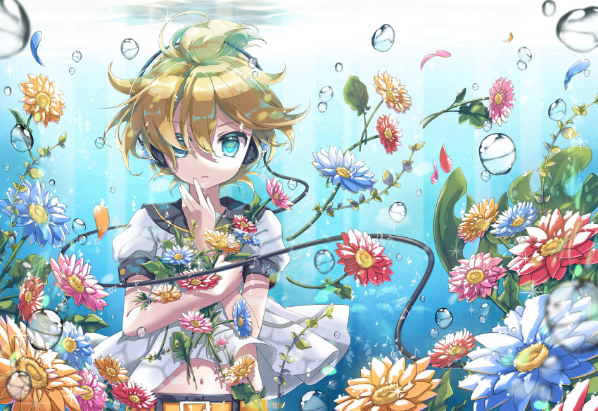 1boy air_bubble beamed_eighth_notes belt blonde_hair blue_eyes bubble cable crossed_arms eighth_note flower hand_up headphones hekicha highres holding holding_flower kagamine_len leaf looking_at_viewer male_focus musical_note navel petals puffy_short_sleeves puffy_sleeves sailor_collar shirt short_sleeves submerged sunlight treble_clef underwater upper_body vocaloid water_surface white_shirt