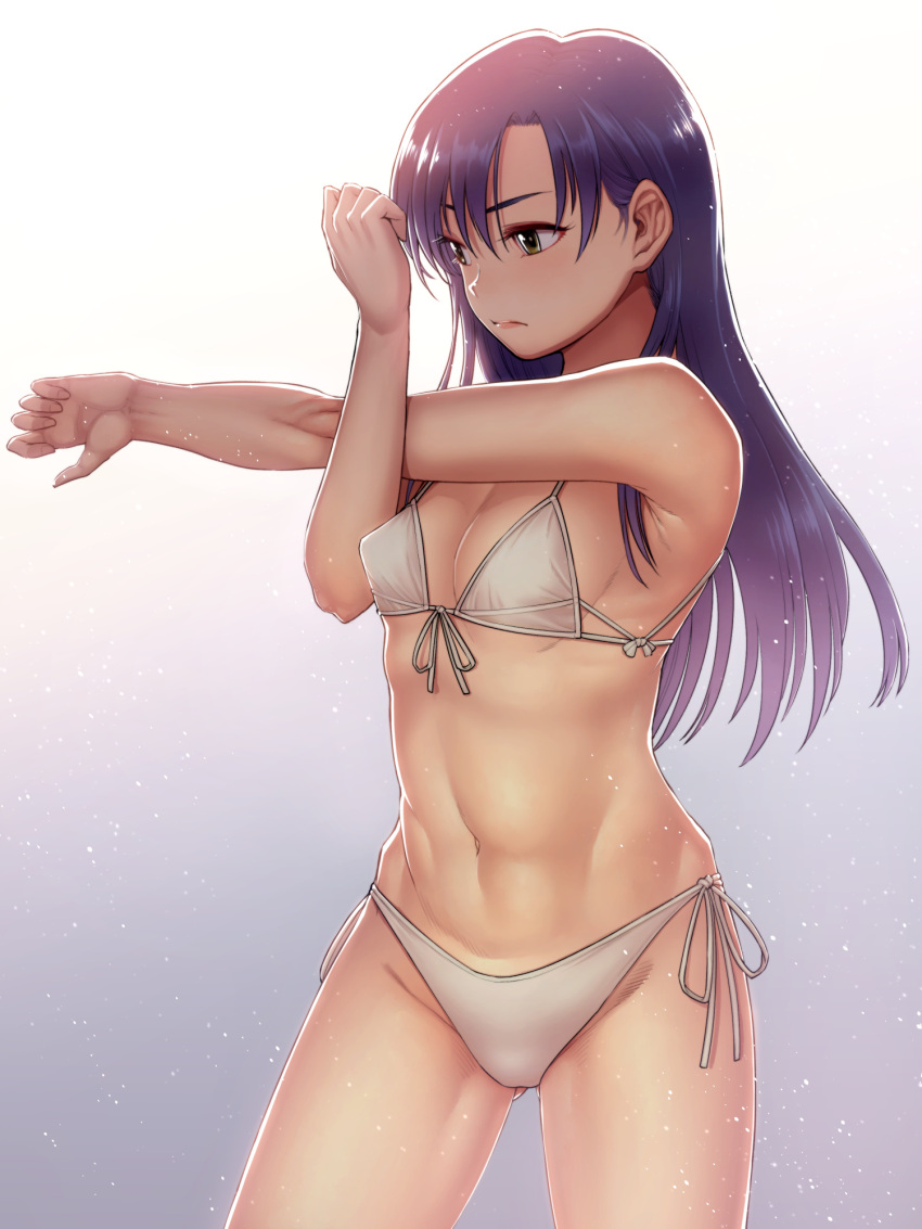 1girl abs armpits backlighting bangs bare_arms bikini blue_hair breasts brown_eyes chiaki_rakutarou cleavage closed_mouth commentary_request cowboy_shot erect_nipples exercise expressionless front-tie_bikini front-tie_top gluteal_fold gradient gradient_background groin highres idolmaster idolmaster_(classic) kisaragi_chihaya legs_apart light_particles long_hair looking_away navel side-tie_bikini small_breasts solo standing stomach swimsuit white_background white_bikini