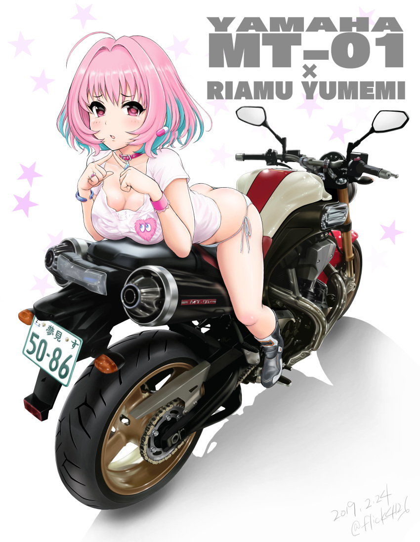 1girl :o absurdres ahoge aqua_hair bare_legs belt_collar black_footwear blush boots bracelet breasts character_name cleavage collar commentary_request earrings flick_(sal23) ground_vehicle hair_intakes hands_up heart highres idolmaster idolmaster_cinderella_girls jewelry large_breasts looking_at_viewer motor_vehicle motorcycle multicolored_hair no_pants panties parted_lips pill_earrings pink_eyes pink_hair ring shadow shirt short_hair short_sleeves side-tie_panties sidelocks skeleton_print solo star thighs twiddling_fingers two-tone_hair underwear white_background white_panties white_shirt wristband yamaha_mt-01s yumemi_riamu