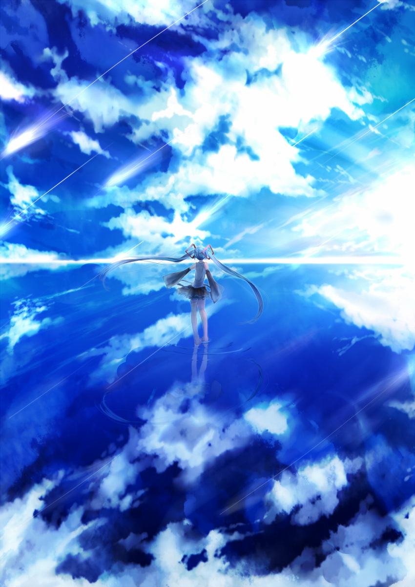 1girl belt blue blue_hair blue_sky clouds cloudy_sky commentary detached_sleeves from_behind full_body hair_ornament hatsune_miku highres long_hair looking_away namikaze_bon ocean outstretched_arm reflection scenery seascape shirt shooting_star skirt sky sleeveless sleeveless_shirt solo standing standing_on_liquid twintails very_long_hair vocaloid water