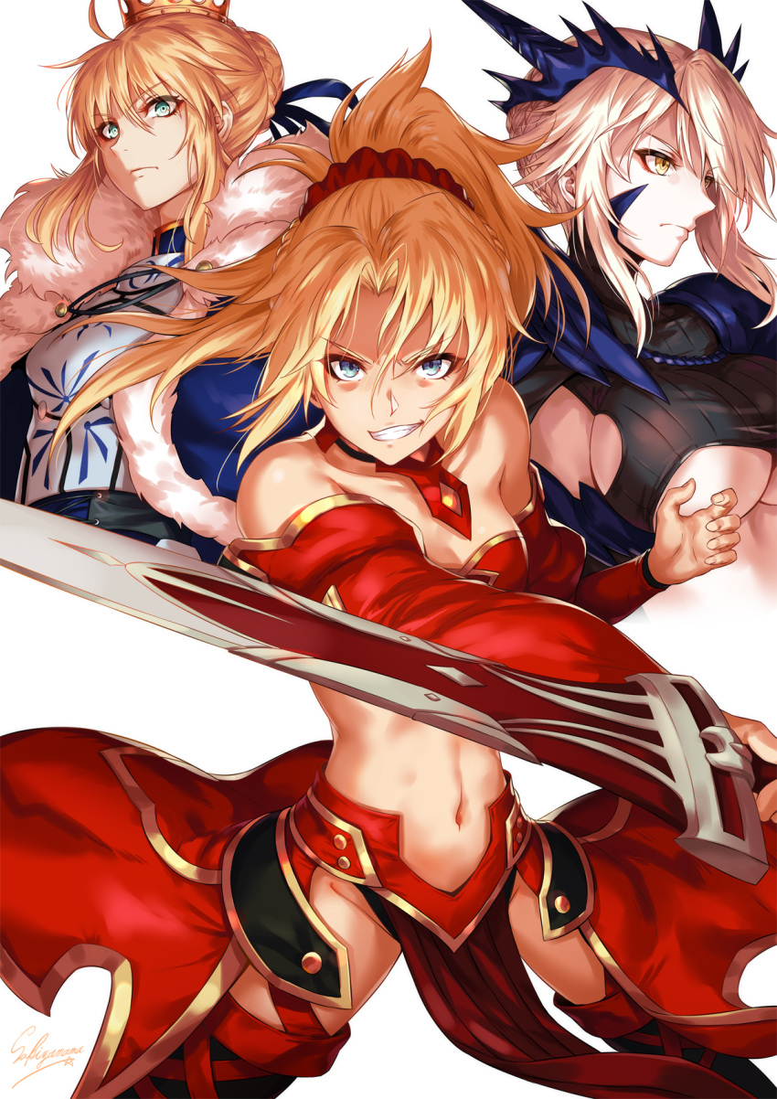 3girls ahoge armor armored_dress artoria_pendragon_(all) artoria_pendragon_(lancer) artoria_pendragon_(lancer_alter) bangs bare_shoulders blonde_hair braid breasts cape clarent cleavage closed_mouth crown crown_braid dark_persona detached_sleeves dress eyebrows_visible_through_hair fate/grand_order fate_(series) floating_hair french_braid fur_trim green_eyes grin hair_between_eyes hair_ornament hair_ribbon hair_scrunchie hand_up highres holding holding_sword holding_weapon horns large_breasts light_particles long_hair looking_at_viewer mordred_(fate) mordred_(fate)_(all) multiple_girls navel open_mouth ponytail red_scrunchie ribbon saber sakiyamama scrunchie sidelocks signature simple_background smile swept_bangs sword under_boob weapon white_background wind wind_lift yellow_eyes