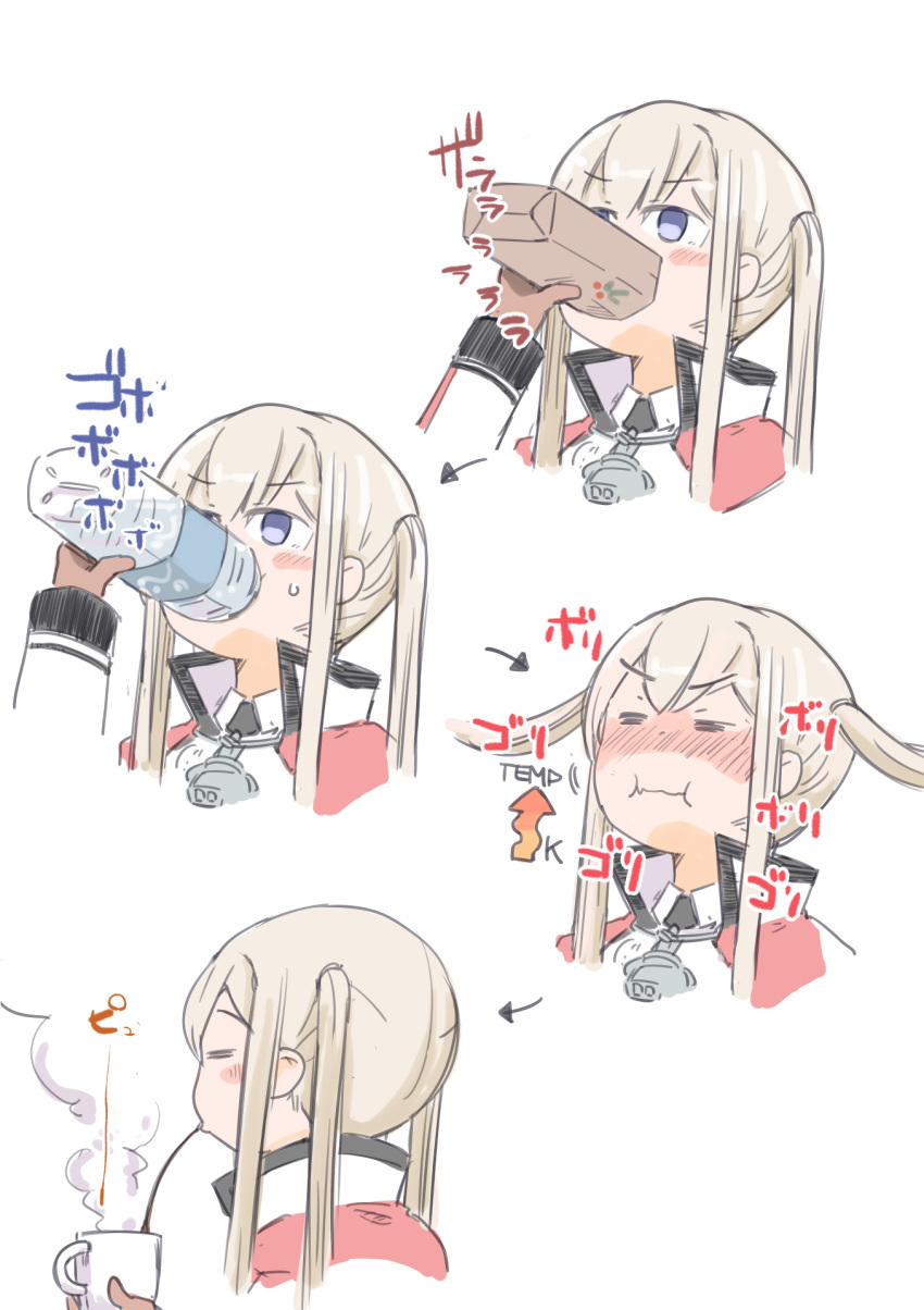 1girl =_= bag blonde_hair blue_eyes blush bottle closed_mouth coffee commentary_request cup directional_arrow drinking enjaku_izuku graf_zeppelin_(kantai_collection) highres holding holding_bag holding_bottle holding_cup kantai_collection no_pupils nose_blush recurring_image simple_background sound_effects spitting steam twintails v-shaped_eyebrows water_bottle white_background