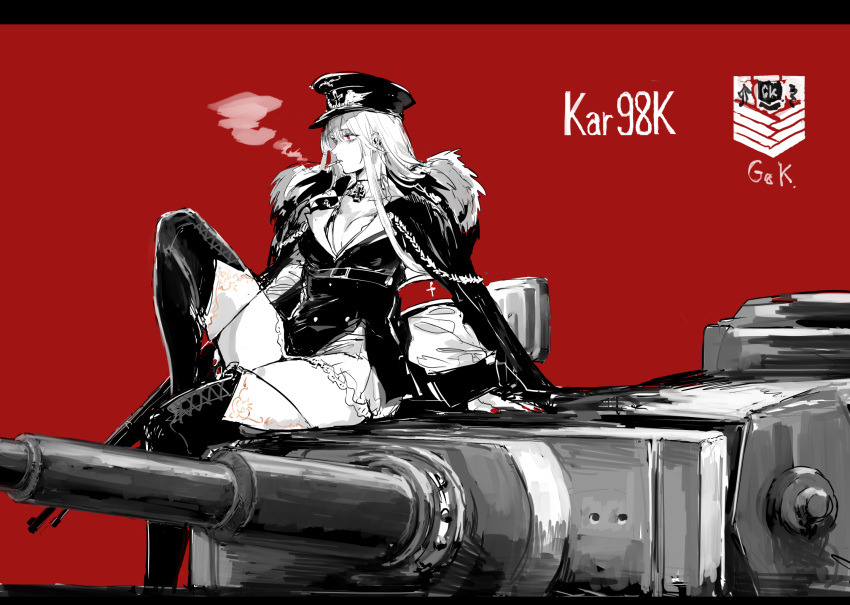 1girl belt bolt_action boots breasts character_name cigarette cleavage fur_trim girls_frontline ground_vehicle hat highres holding kar98k_(girls_frontline) long_hair mauser_98 military military_hat military_uniform military_vehicle monochrome motor_vehicle osakana_(denpa_yun'yun) red_background red_eyes simple_background sitting smoking solo tank thigh-highs thigh_boots uniform weapon