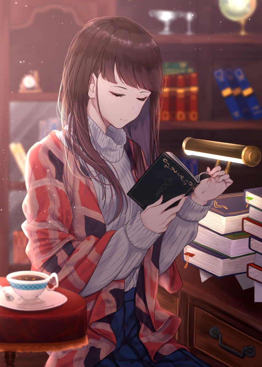 1girl blue_skirt blurry blurry_background blurry_foreground book book_stack bookshelf brown_hair closed_eyes closed_mouth commentary_request cup day depth_of_field drawer eyelashes hands_up highres holding holding_book indoors light_particles long_hair long_sleeves open_book original plaid pleated_skirt ribbed_sweater saitou_(lynx-shrike) saucer shirt_tucked_in sitting skirt solo spoon sweater table tea teacup turtleneck turtleneck_sweater