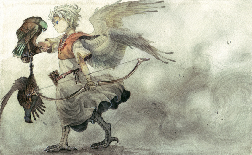 1boy arrow bird bird_legs blue_eyes bow_(weapon) commentary falcon falconry feathered_wings gloves harpy harpy_boy holding holding_bow_(weapon) holding_weapon monster_boy monster_girl original pheasant quiver single_glove sky-art traditional_media walking weapon white_hair wings