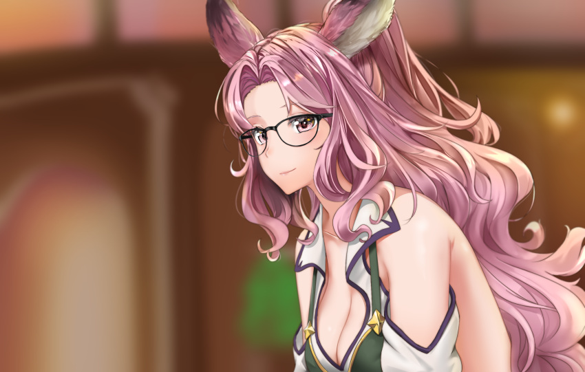 1girl animal_ears backless_outfit bare_shoulders blurry blurry_background braco breasts catherine_(granblue_fantasy) cleavage detached_sleeves erune glasses granblue_fantasy highres light_smile long_hair looking_at_viewer pink_eyes pink_hair solo upper_body