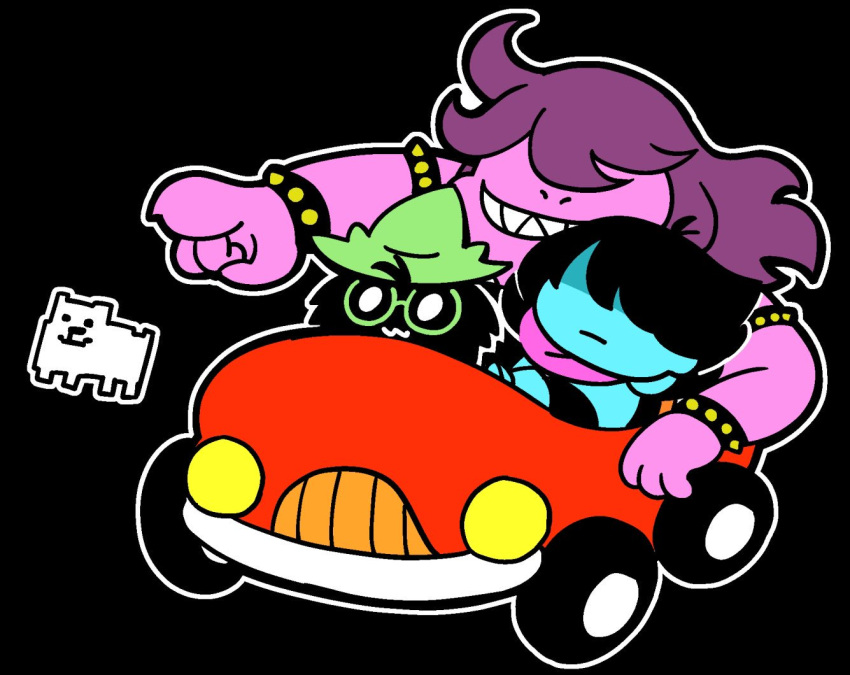 1boy 1girl 1other :3 ahoge annoying_dog armor arms_behind_head bangs bkub black_background black_hair blue_armor blue_skin boots bracelet car clenched_teeth commentary_request deltarune dog fur glasses gloves green-framed_eyewear green_hat grin ground_vehicle hair_over_eyes hat jewelry kris_(deltarune) long_hair monster_boy monster_girl motor_vehicle outline pink_scarf pointing purple_hat purple_skin ralsei scarf sharp_teeth short_hair shoulder_armor smile spiked_armlet spiked_bracelet spikes susie_(deltarune) swept_bangs teeth white_fur white_outline wizard_hat