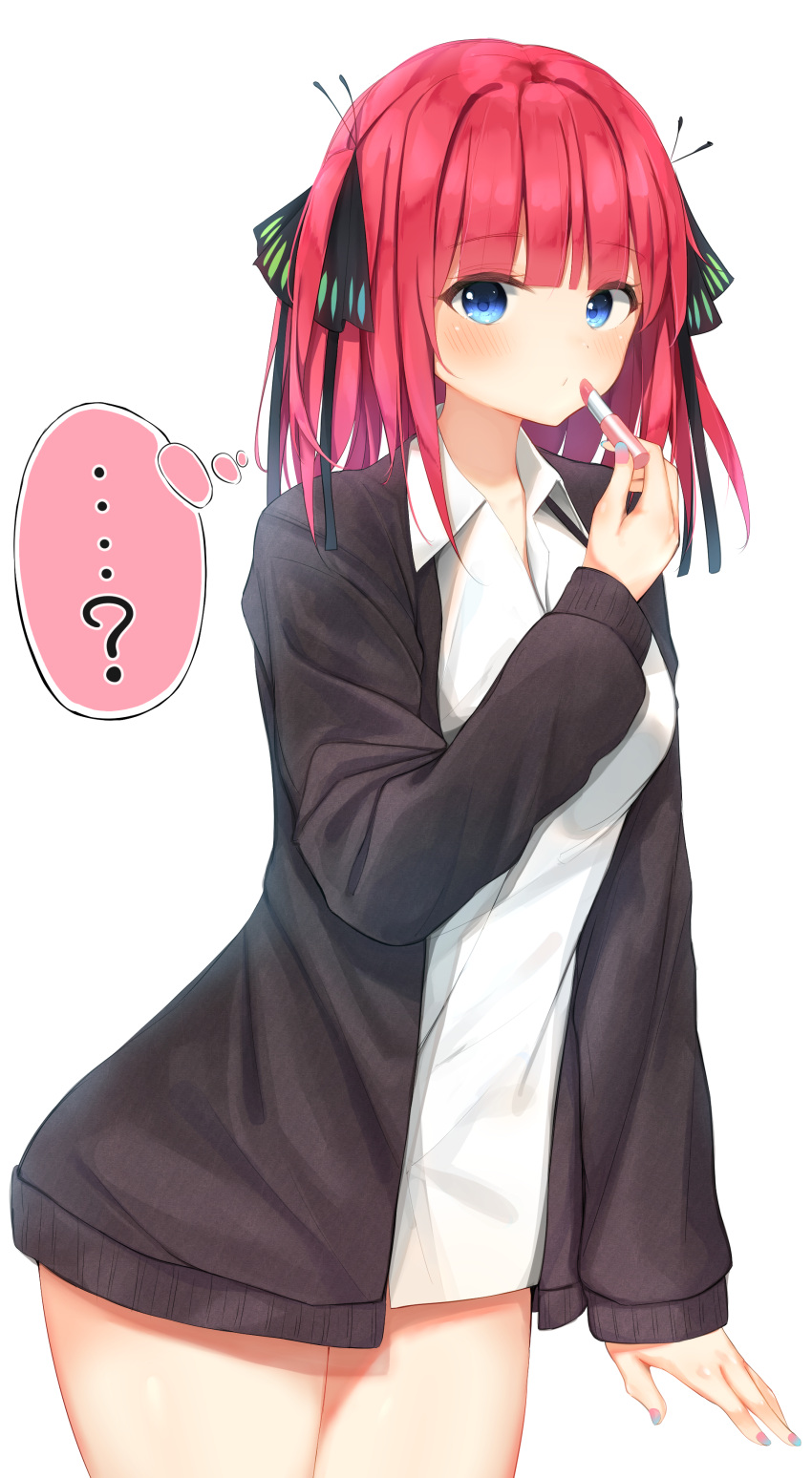 ...? 1girl absurdres bangs black_ribbon blue_eyes blush breasts brown_jacket closed_mouth collared_shirt commentary_request eyebrows_visible_through_hair fingernails go-toubun_no_hanayome gradient_nails hair_ribbon highres holding holding_lipstick_tube jacket lipstick_tube long_hair long_sleeves looking_at_viewer nail_polish nakano_nino open_clothes open_jacket redhead ribbon sashima shirt simple_background sleeves_past_wrists small_breasts solo thought_bubble two_side_up white_background white_shirt