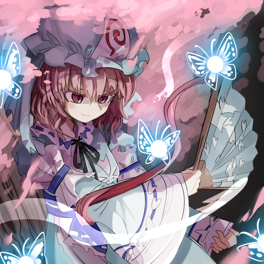1girl asuku_(69-1-31) black_bow black_ribbon blue_bow blue_dress blue_kimono bow bug butterfly cherry_blossoms dress fan folding_fan frilled_kimono frills ghost hat highres hitodama insect japanese_clothes kimono long_sleeves mob_cap neck_ribbon obi perfect_cherry_blossom pink_hair red_eyes ribbon saigyouji_yuyuko saigyouji_yuyuko's_fan_design sash short_hair smile solo touhou triangular_headpiece wavy_hair wide_sleeves