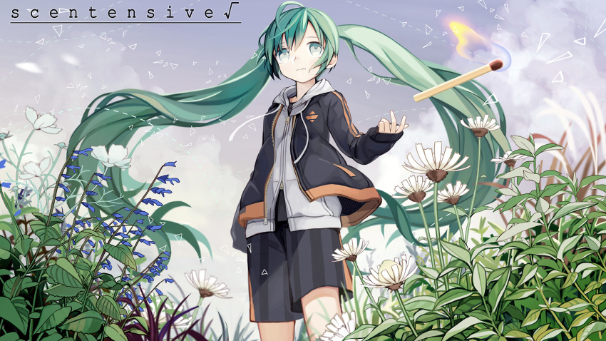 1girl aqua_eyes aqua_hair black_jacket black_shorts bluebell_(flower) casual clouds cloudy_sky commentary commentary_request coneflower feet_out_of_frame field fire flower from_below grey_hoodie hatsune_miku highres hood hoodie jacket kari_kenji leaf long_hair matches shorts sky solo standing throwing twintails very_long_hair vocaloid