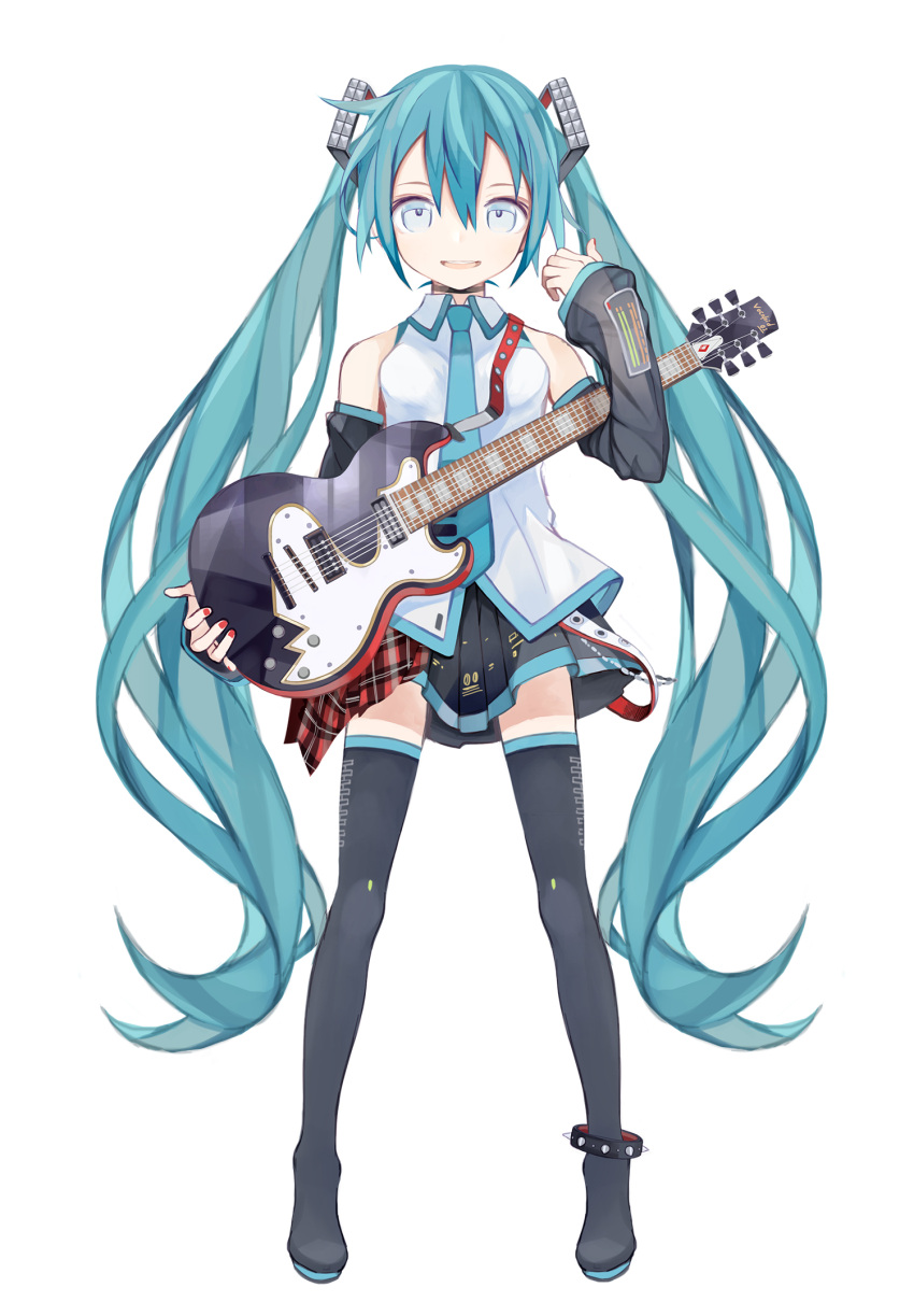 1girl anklet aqua_eyes aqua_hair arm_up bare_shoulders belt breasts detached_sleeves electric_guitar full_body guitar hair_ornament hatsune_miku highres holding holding_instrument instrument jewelry kari_kenji long_hair looking_at_viewer nail_polish shirt skirt sleeveless sleeveless_shirt small_breasts smile solo spiked_anklet standing thigh-highs twintails very_long_hair vocaloid white_background white_shirt zettai_ryouiki