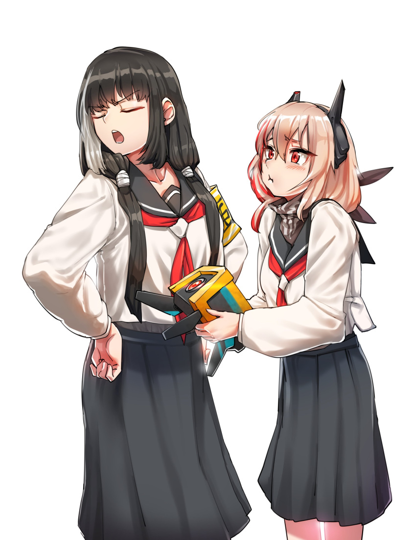 2girls absurdres armband black_hair closed_eyes eyebrows_visible_through_hair girls_frontline headgear highres long_sleeves looking_at_another m16a1_(girls_frontline) m4_sopmod_ii_(girls_frontline) multicolored_hair multiple_girls neckerchief open_mouth pout red_eyes red_neckwear ro635_(girls_frontline) school_uniform sd_bigpie serafuku shirt simple_background skirt streaked_hair twintails white_background white_hair white_shirt