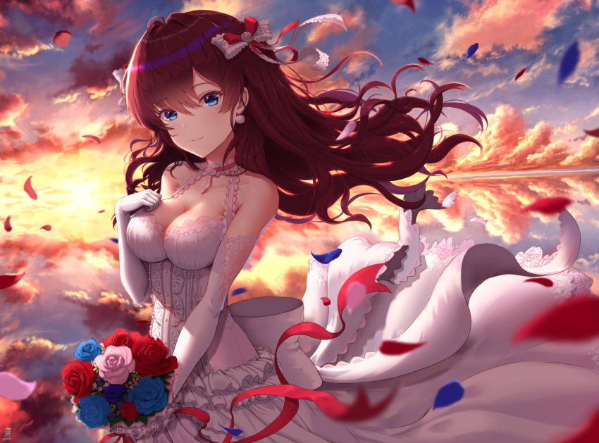 1girl :3 ahoge bangs bare_shoulders blue_eyes blue_flower blue_rose blush bouquet breasts brown_hair choker cleavage clouds collarbone dress earrings elbow_gloves eyebrows_visible_through_hair flower flower_choker frilled_dress frills gloves hair_ribbon hand_on_own_chest hand_up highres ichinose_shiki idolmaster idolmaster_cinderella_girls idolmaster_cinderella_girls_starlight_stage jewelry lace lace-trimmed_choker lace-trimmed_dress lace_trim large_breasts lips long_hair looking_at_viewer maitake_(maitake1234) petals pom_pom_earrings red_choker red_flower red_ribbon red_rose reflection ribbon rose sky smile solo sunset water wavy_hair white_dress white_flower white_gloves white_ribbon white_rose