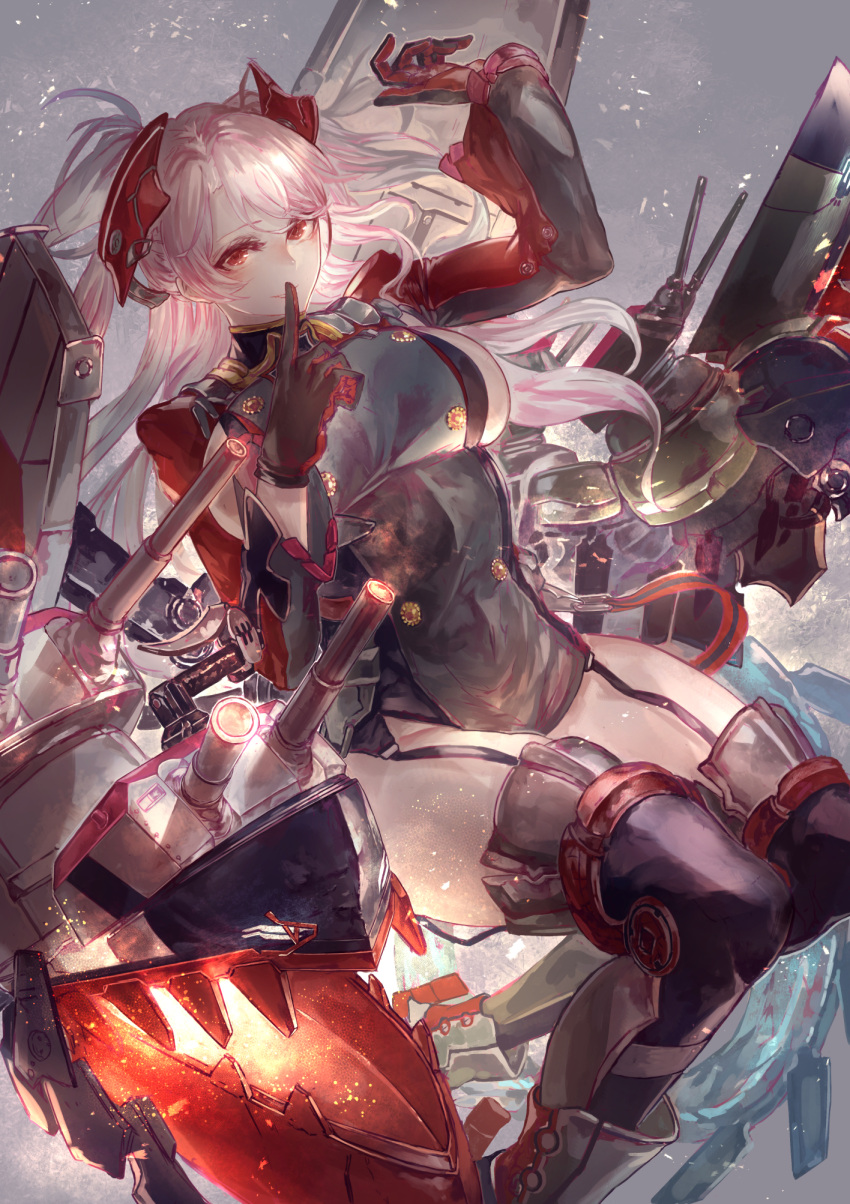 1girl arm_up armpit_cutout azur_lane black_gloves black_legwear boots breasts cannon eyebrows_visible_through_hair finger_to_mouth floating floating_hair garter_straps gloves hand_up headgear high_heel_boots high_heels highres iron_cross knees_up large_breasts long_hair long_sleeves looking_at_viewer machinery multicolored_hair prinz_eugen_(azur_lane) red_eyes redhead rudder_footwear side_cutout sideboob signo_aaa silver_hair solo streaked_hair two_side_up