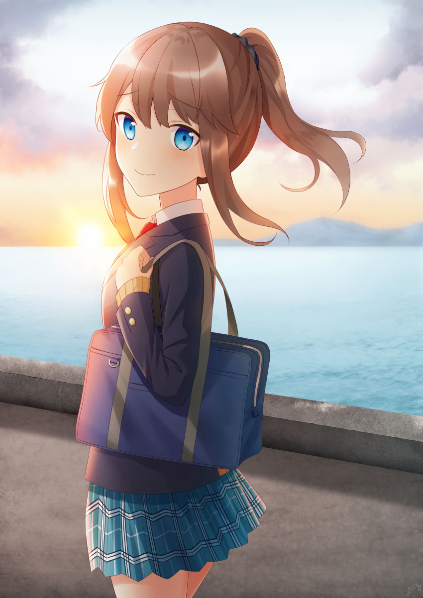 1girl absurdres backlighting bag black_jacket blazer blue_eyes blue_skirt brown_hair brown_sweater buttons closed_mouth clouds cloudy_sky collared_shirt commentary_request cowboy_shot duffel_bag from_side highres horizon jacket long_hair long_sleeves looking_at_viewer looking_back miniskirt moe2019 mountain necktie ocean original outdoors pier pleated_skirt ponytail red_neckwear saki_usagi school_bag school_uniform shirt sidelocks skirt sky sleeves_past_wrists smile solo standing sun sunlight sunset sweater water white_shirt wing_collar