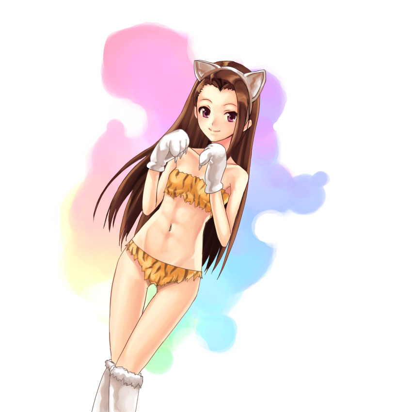 1girl animal_ears animal_print athenawyrm boots bra brown_bra brown_eyes brown_hair brown_panties cat_ears collarbone dutch_angle fake_animal_ears fur_boots gloves groin hairband highres idolmaster idolmaster_(classic) knee_boots leopard_print long_hair looking_at_viewer minase_iori navel panties paw_gloves paws print_bra print_panties simple_background smile solo standing strapless strapless_bra thigh_gap underwear underwear_only very_long_hair white_background white_footwear white_gloves white_hairband