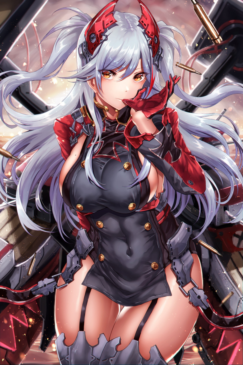 1girl absurdres antenna_hair azur_lane bangs biting blush breasts brown_eyes cannon covered_navel eyebrows_visible_through_hair floating_hair glove_biting gloves hair_between_eyes headgear highres hikari_(komitiookami) iron_cross large_breasts leotard light_particles long_hair looking_at_viewer mole mole_on_breast multicolored_hair navel outdoors pelvic_curtain prinz_eugen_(azur_lane) redhead rigging shell_casing sideboob sidelocks silver_hair smile solo streaked_hair thighs two_side_up very_long_hair wind