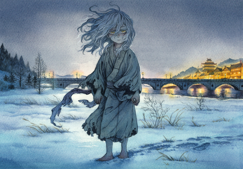 1girl architecture barefoot bridge commentary east_asian_architecture footprints highres medium_hair messy_hair original scenery sky-art snow solo torn_clothes traditional_media white_hair yellow_eyes