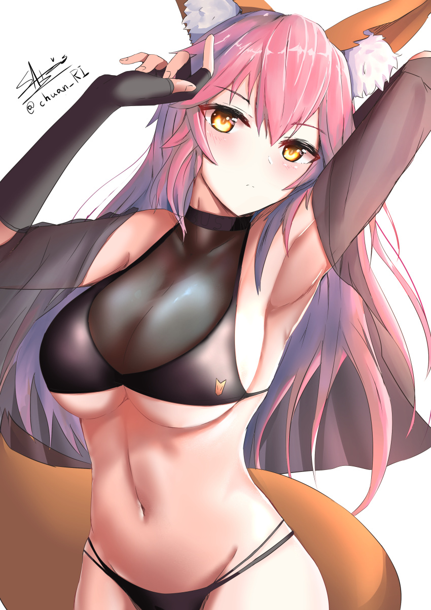 1girl absurdres animal_ear_fluff animal_ears arm_up armpits bare_shoulders bikini black_bikini black_gloves blush breasts closed_mouth cowboy_shot elbow_gloves fate/grand_order fate_(series) fingerless_gloves gloves hand_up highres ichikawayan large_breasts long_hair looking_at_viewer navel pink_hair see-through signature simple_background solo standing stomach swimsuit tail tamamo_(fate)_(all) tamamo_no_mae_(fate) twitter_username under_boob white_background yellow_eyes