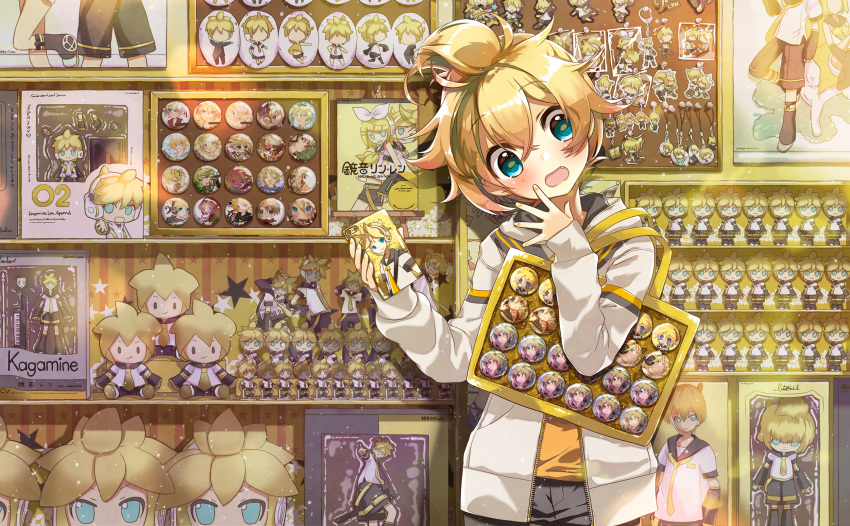 1boy badge blonde_hair blue_eyes blush box button_badge cellphone character_doll chibi commentary doll fang hand_on_own_cheek head_tilt headphones hekicha highres holding holding_phone indoors instrument itabag jacket kagamine_len kagamine_rin keyboard_(instrument) keychain looking_at_viewer magnet male_focus merchandise nendoroid open_mouth orange_shirt package phone poster_(object) shelf shirt solid_oval_eyes solo star stuffed_toy upper_body vocaloid