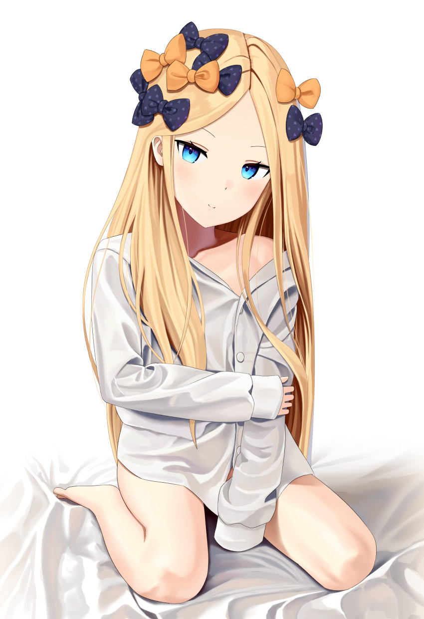 1girl abigail_williams_(fate/grand_order) absurdres alternate_costume bangs bare_shoulders bed_sheet black_bow blonde_hair blush bow closed_mouth collarbone commentary_request dress_shirt fate/grand_order fate_(series) forehead hair_bow head_tilt highres long_hair long_sleeves looking_at_viewer naked_shirt orange_bow parted_bangs polka_dot polka_dot_bow sanbe_futoshi shirt sitting sleeves_past_fingers sleeves_past_wrists solo very_long_hair wariza white_background