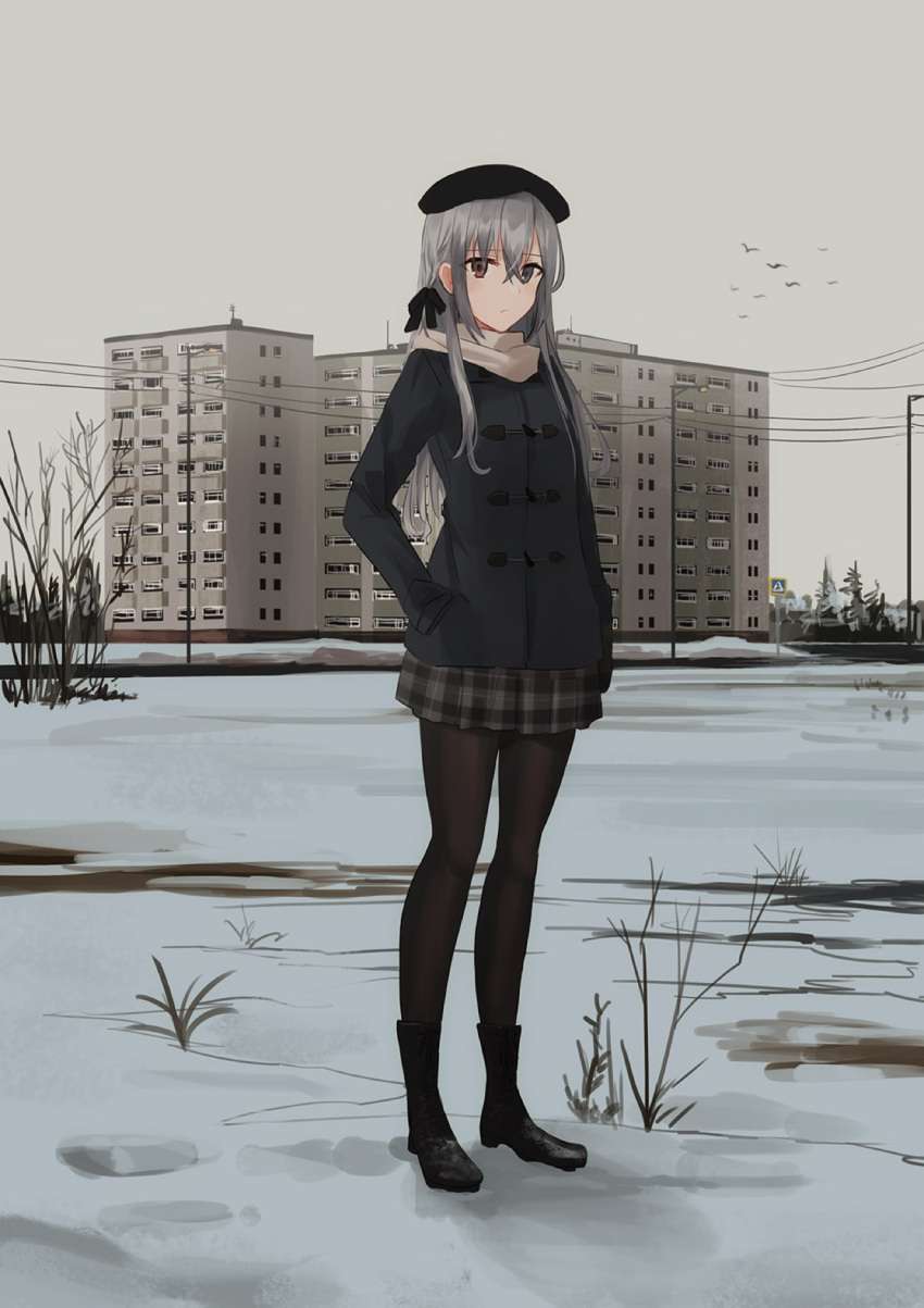 1girl apartment bangs beret black_footwear black_hat black_jacket boots brown_legwear building chihuri clouds cloudy_sky eyebrows_visible_through_hair grey_eyes grey_hair grey_skirt hair_between_eyes hand_in_pocket hat heterochromia highres jacket long_sleeves original outdoors overcast pantyhose plaid plaid_skirt pleated_skirt red_eyes road_sign sign skirt sky snow solo standing