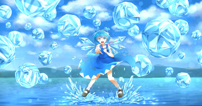 1girl arms_up black_footwear blue_dress blue_eyes blue_sky blurry bokeh bow bright_pupils cirno clouds danmaku day depth_of_field dress dress_grab glint hair_bow hand_on_own_chest highres ice lake mountain open_hand open_mouth outdoors outstretched_hand perfect_freeze pinafore_dress puffy_short_sleeves puffy_sleeves red_ribbon ribbon shirt short_sleeves sky solo standing torn_clothes touhou untied upper_teeth white_legwear white_pupils white_shirt wide_shot wind wind_lift wings yaaben
