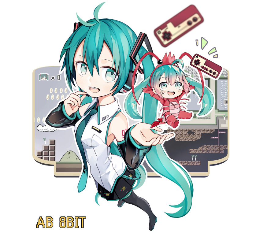 2girls aqua_eyes aqua_hair bare_shoulders blush clouds coin commentary controller detached_sleeves dual_persona foreshortening from_above full_body game_controller hands_up hatsune_miku hatsune_miku_(vocaloid3) headphones headset highres holding holding_microphone kari_kenji long_hair microphone minigirl multiple_girls necktie one_eye_closed see-through shirt shoulder_tattoo shrimp_costume skirt smile spring_onion tattoo thigh-highs twintails very_long_hair video_game vocaloid white_shirt