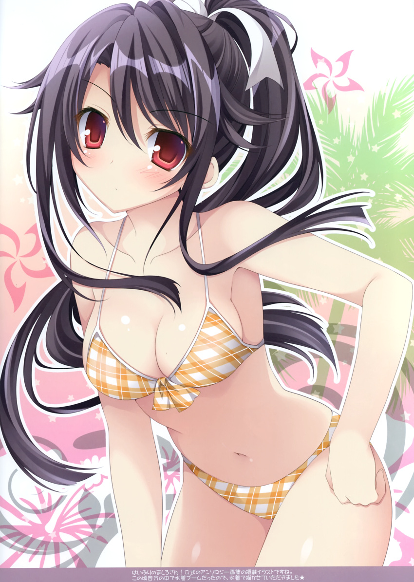 1girl absurdres bangs bare_arms bare_shoulders bikini black_hair blush breasts cleavage closed_mouth collarbone eyebrows_visible_through_hair hand_on_hip highres large_breasts long_hair looking_at_viewer nanaroba_hana navel original ponytail red_eyes scan shiny shiny_hair shiny_skin simple_background solo stomach swimsuit thighs