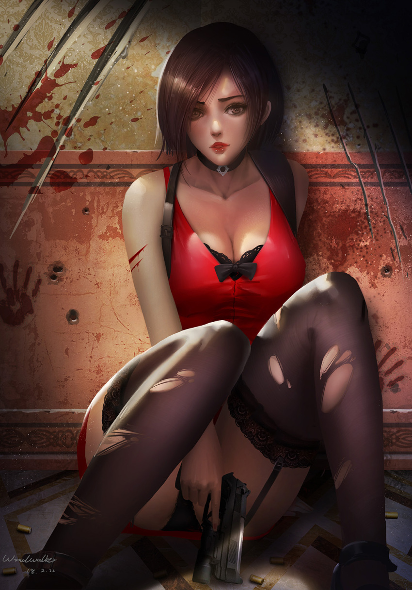 1girl ada_wong arm_between_legs bare_shoulders blood blood_on_arm bra breasts brown_eyes brown_hair bullet_hole choker cleavage collarbone commentary_request cuts dress garter_straps gun handgun highres holding holding_gun holding_weapon holster injury kaze_no_gyouja lace lace-trimmed_legwear lace_bra large_breasts looking_at_viewer panties pistol red_dress red_lips resident_evil shell_casing short_hair shoulder_holster sitting thighs torn_clothes torn_legwear underwear wall weapon