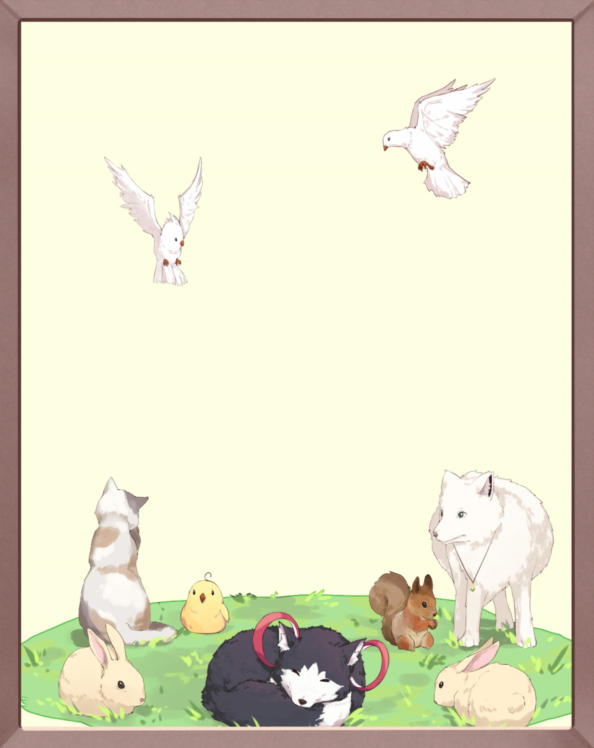 animal animal_ear_fluff animal_focus beige_background bird bird_request cat chick closed_eyes dog facing_away highres neps-l no_humans on_grass original picture_frame rabbit squirrel wolf